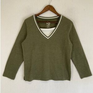Preppy SQ Women Size S Olive Green Ribbed Layered Look V-Neck Athletic Sweater